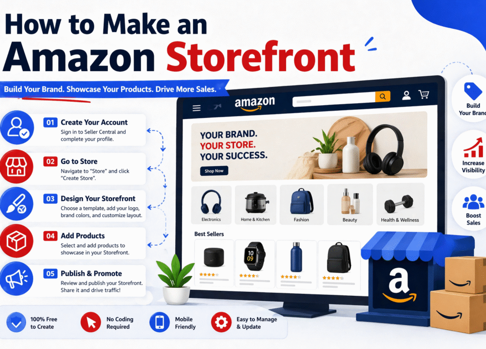 How to make an Amazon storefront infographic showing step-by-step process, product listing, branding, and online store setup