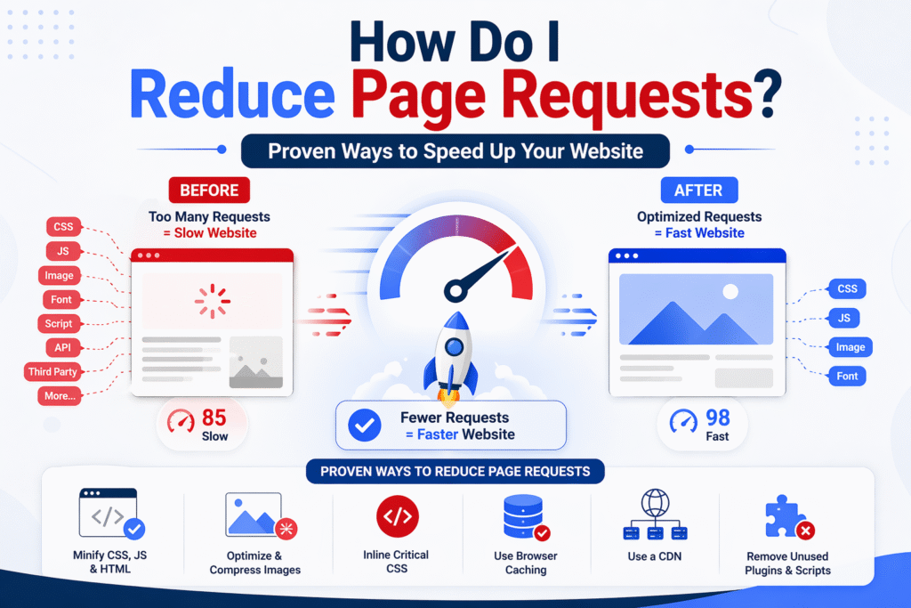 Infographic showing how to reduce page requests to speed up a website with before and after comparison, including tips like minifying CSS, optimizing images, caching, and using a CDN