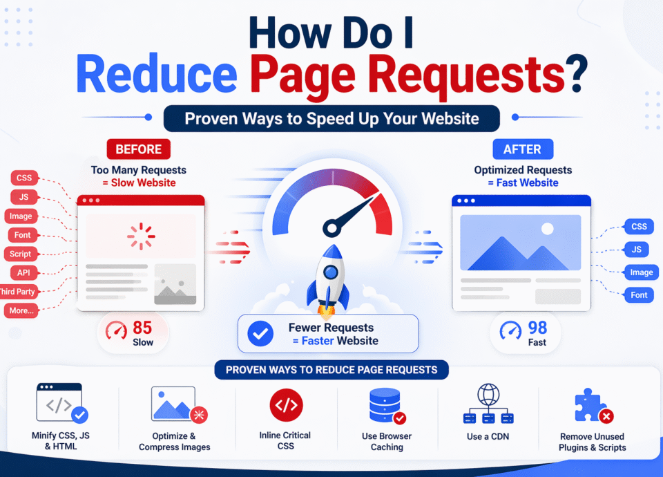 Infographic showing how to reduce page requests to speed up a website with before and after comparison, including tips like minifying CSS, optimizing images, caching, and using a CDN
