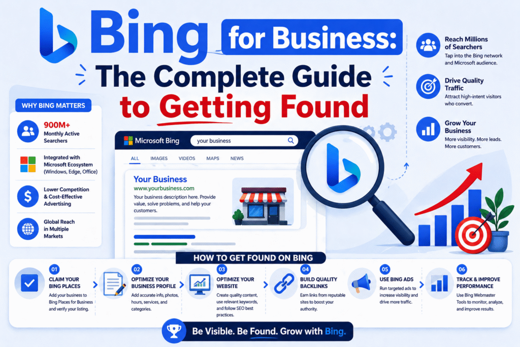 Bing for Business complete guide infographic showing steps to improve search visibility, optimize listings, and drive traffic