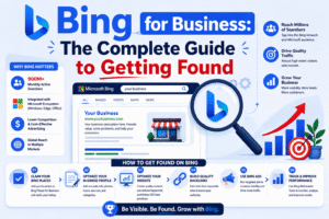 Bing for Business complete guide infographic showing steps to improve search visibility, optimize listings, and drive traffic