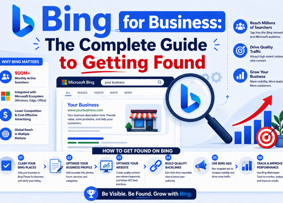 Bing for Business complete guide infographic showing steps to improve search visibility, optimize listings, and drive traffic