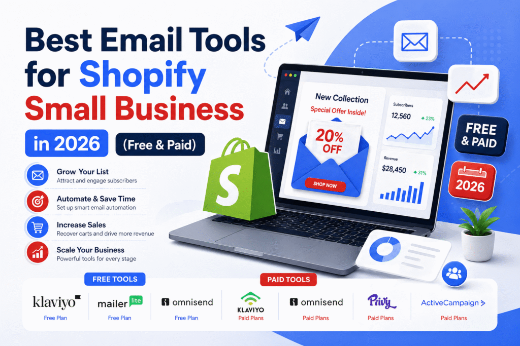 Infographic showing the best email marketing tools for Shopify small businesses in 2026, including free and paid options, automation features, and sales growth strategies