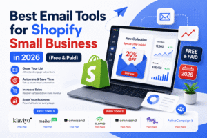 Infographic showing the best email marketing tools for Shopify small businesses in 2026, including free and paid options, automation features, and sales growth strategies