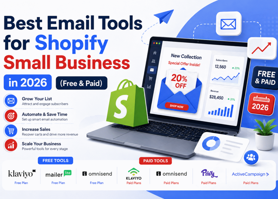 Infographic showing the best email marketing tools for Shopify small businesses in 2026, including free and paid options, automation features, and sales growth strategies