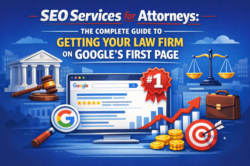 Infographic showing SEO services for attorneys with Google ranking screen, courthouse, gavel, scales of justice, growth chart, and law firm branding elements