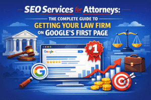Infographic showing SEO services for attorneys with Google ranking screen, courthouse, gavel, scales of justice, growth chart, and law firm branding elements