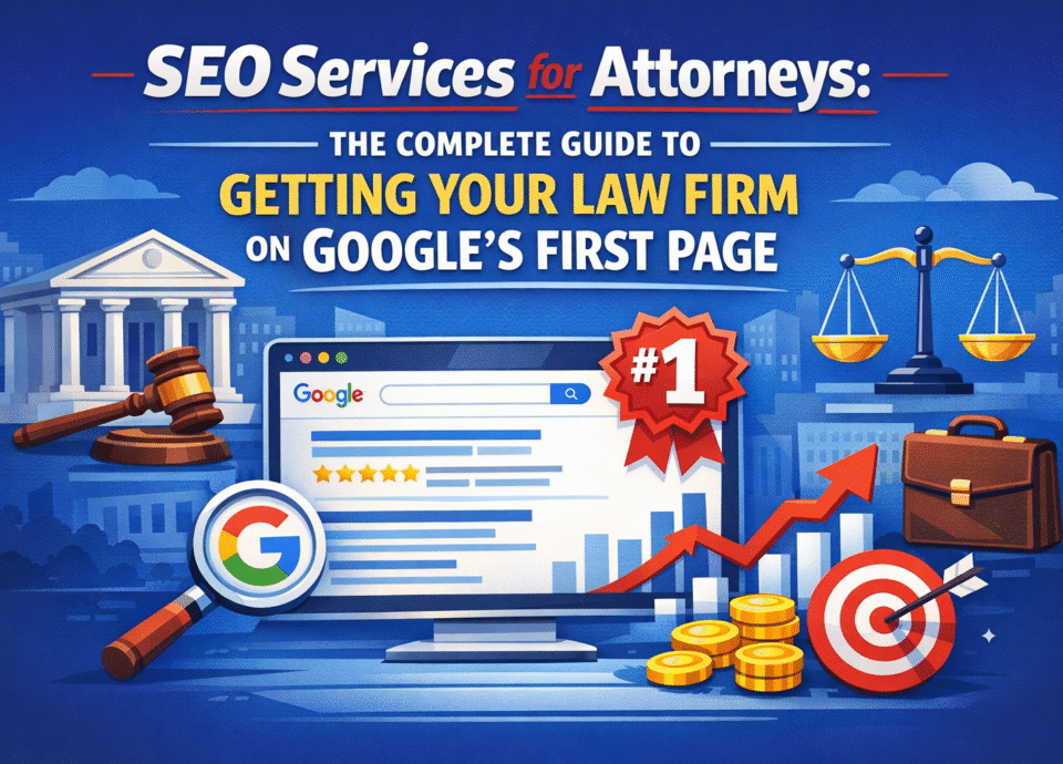 Infographic showing SEO services for attorneys with Google ranking screen, courthouse, gavel, scales of justice, growth chart, and law firm branding elements