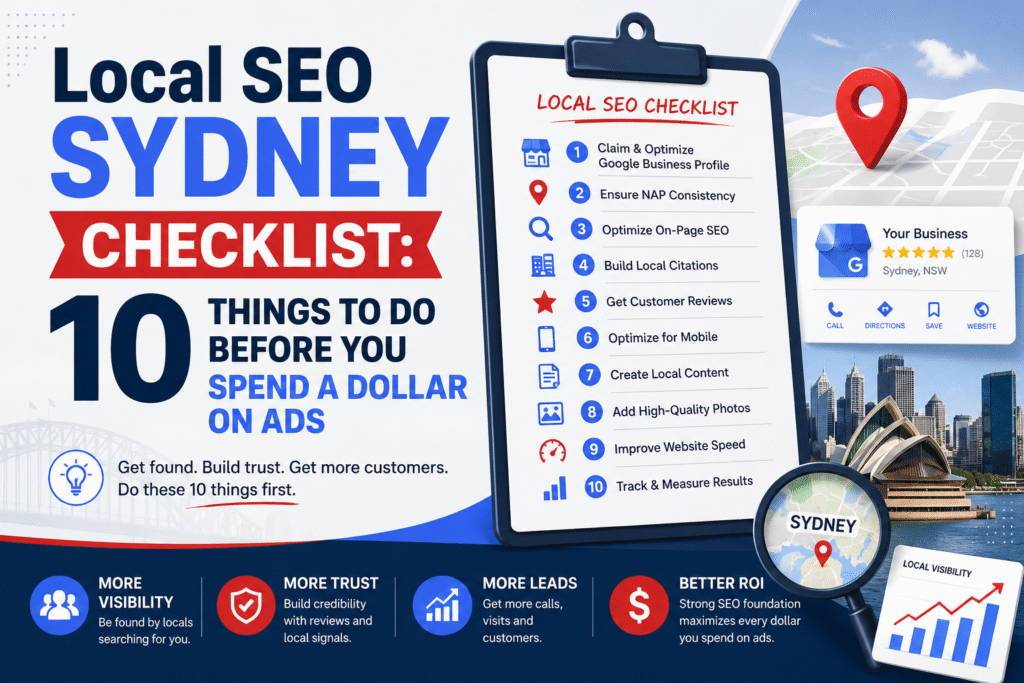 Infographic-style blog image featuring the title “Local SEO Sydney Checklist: 10 Things to Do Before You Spend a Dollar on Ads” with a modern SEO checklist clipboard, Sydney skyline, Google Business Profile illustration, map pin icons, local search graphics, and marketing growth visuals in blue, red, and dark navy branding colors.