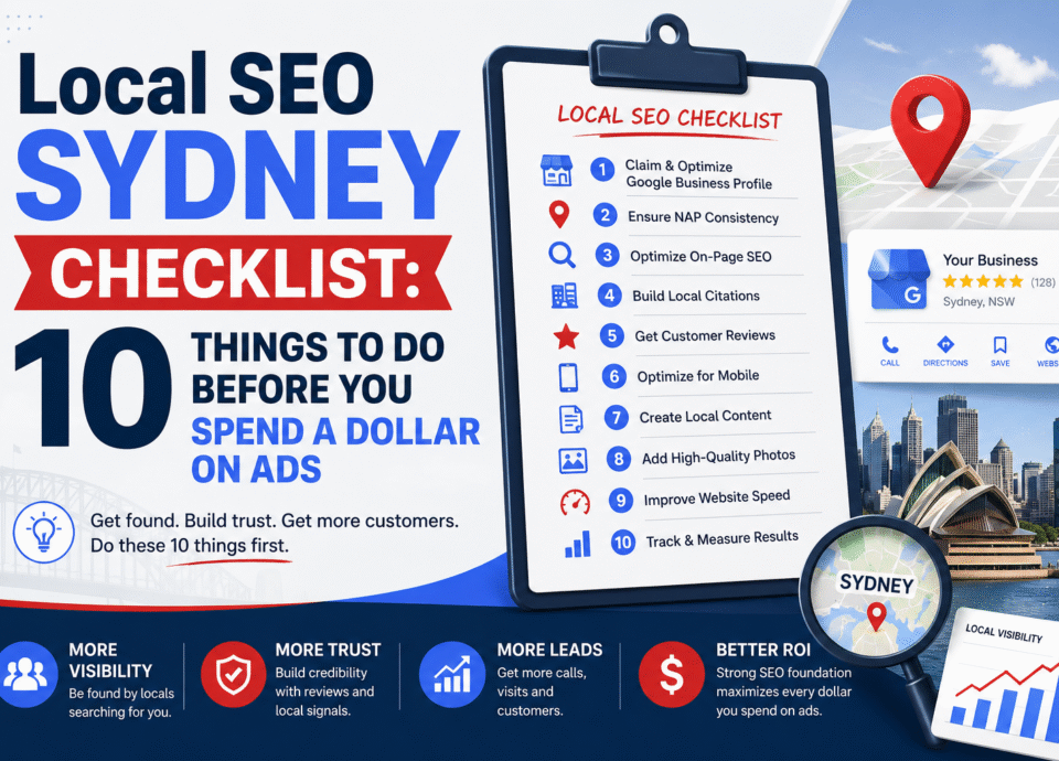 Infographic-style blog image featuring the title “Local SEO Sydney Checklist: 10 Things to Do Before You Spend a Dollar on Ads” with a modern SEO checklist clipboard, Sydney skyline, Google Business Profile illustration, map pin icons, local search graphics, and marketing growth visuals in blue, red, and dark navy branding colors.