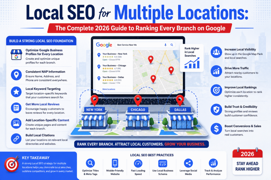 Infographic showing local SEO strategies for multiple business locations, including Google Business Profile optimization, local rankings, reviews, maps, and branch visibility on Google in 2026