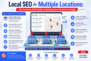 Infographic showing local SEO strategies for multiple business locations, including Google Business Profile optimization, local rankings, reviews, maps, and branch visibility on Google in 2026
