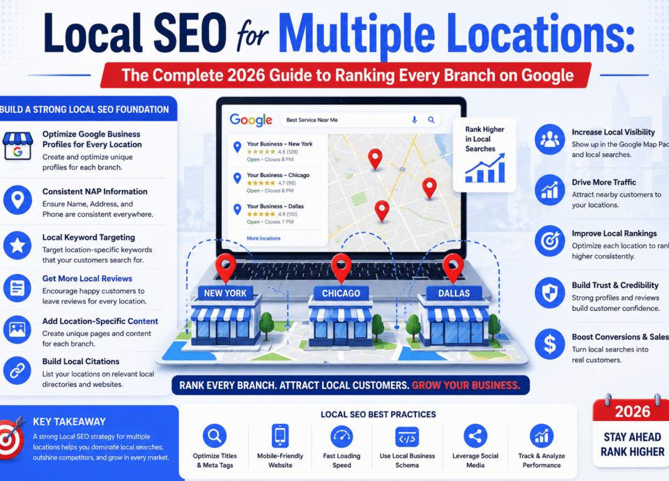 Infographic showing local SEO strategies for multiple business locations, including Google Business Profile optimization, local rankings, reviews, maps, and branch visibility on Google in 2026