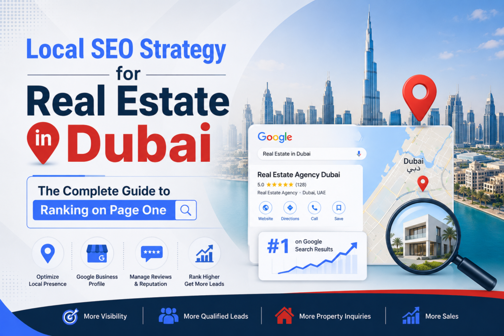 Infographic illustrating a Local SEO strategy for real estate businesses in Dubai, featuring the Dubai skyline, Google Business Profile optimization, map location pins, search rankings, customer reviews, and lead generation elements designed to improve Google local search visibility.