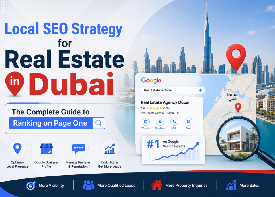 Infographic illustrating a Local SEO strategy for real estate businesses in Dubai, featuring the Dubai skyline, Google Business Profile optimization, map location pins, search rankings, customer reviews, and lead generation elements designed to improve Google local search visibility.