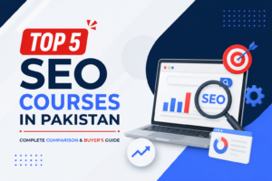 Infographic showing the top 5 SEO courses in Pakistan with SEO analytics, laptop, and comparison elements for a complete buyer's guide.
