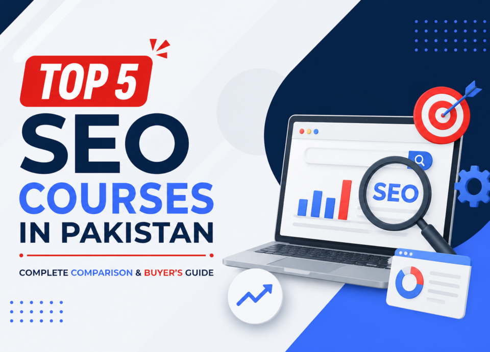 Infographic showing the top 5 SEO courses in Pakistan with SEO analytics, laptop, and comparison elements for a complete buyer's guide.