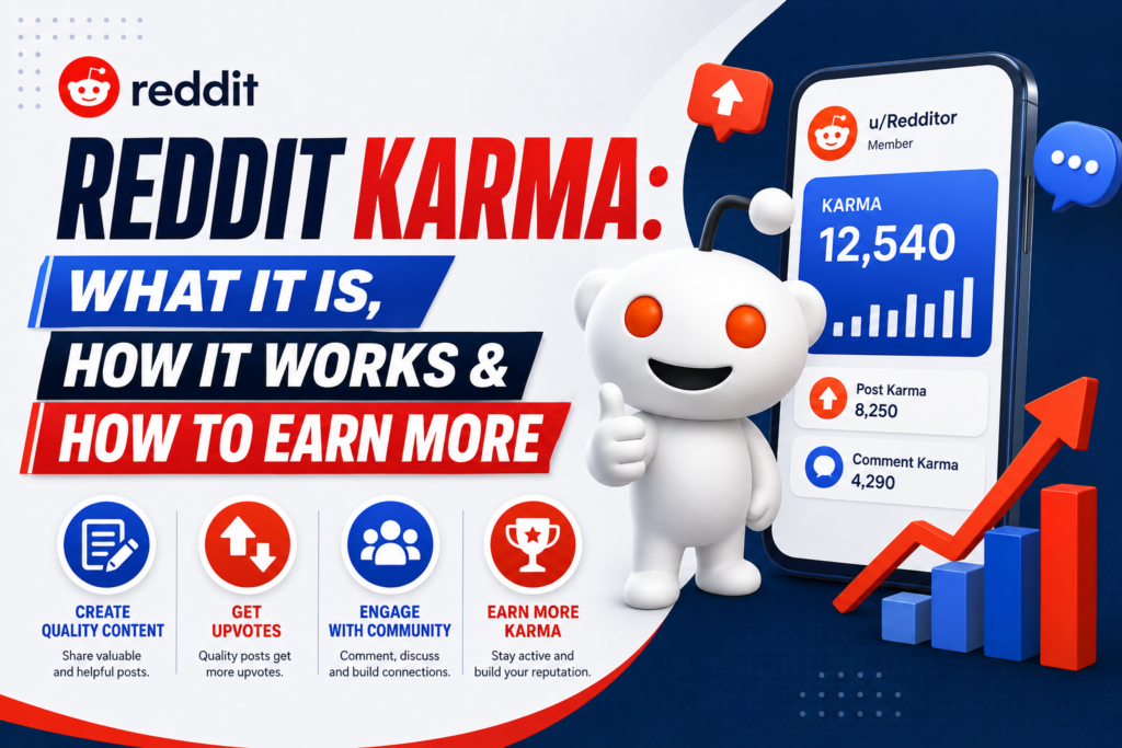 Infographic explaining Reddit Karma, including what it is, how it works, and practical ways to earn more karma through quality posts, upvotes, and community engagement.