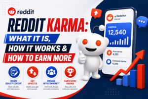 Infographic explaining Reddit Karma, including what it is, how it works, and practical ways to earn more karma through quality posts, upvotes, and community engagement.