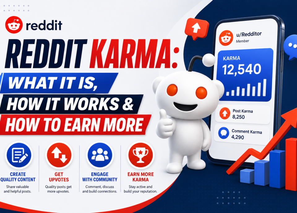 Infographic explaining Reddit Karma, including what it is, how it works, and practical ways to earn more karma through quality posts, upvotes, and community engagement.