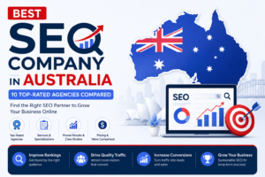 Infographic comparing the 10 best SEO companies in Australia, featuring top-rated agencies, SEO rankings, business growth, analytics dashboard, and Australian map.