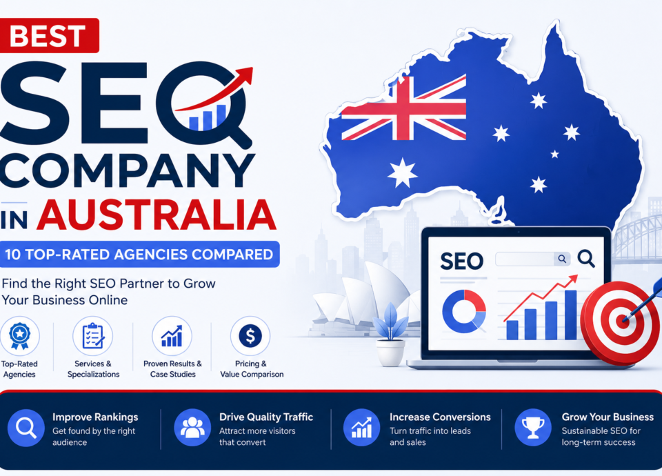 Infographic comparing the 10 best SEO companies in Australia, featuring top-rated agencies, SEO rankings, business growth, analytics dashboard, and Australian map.