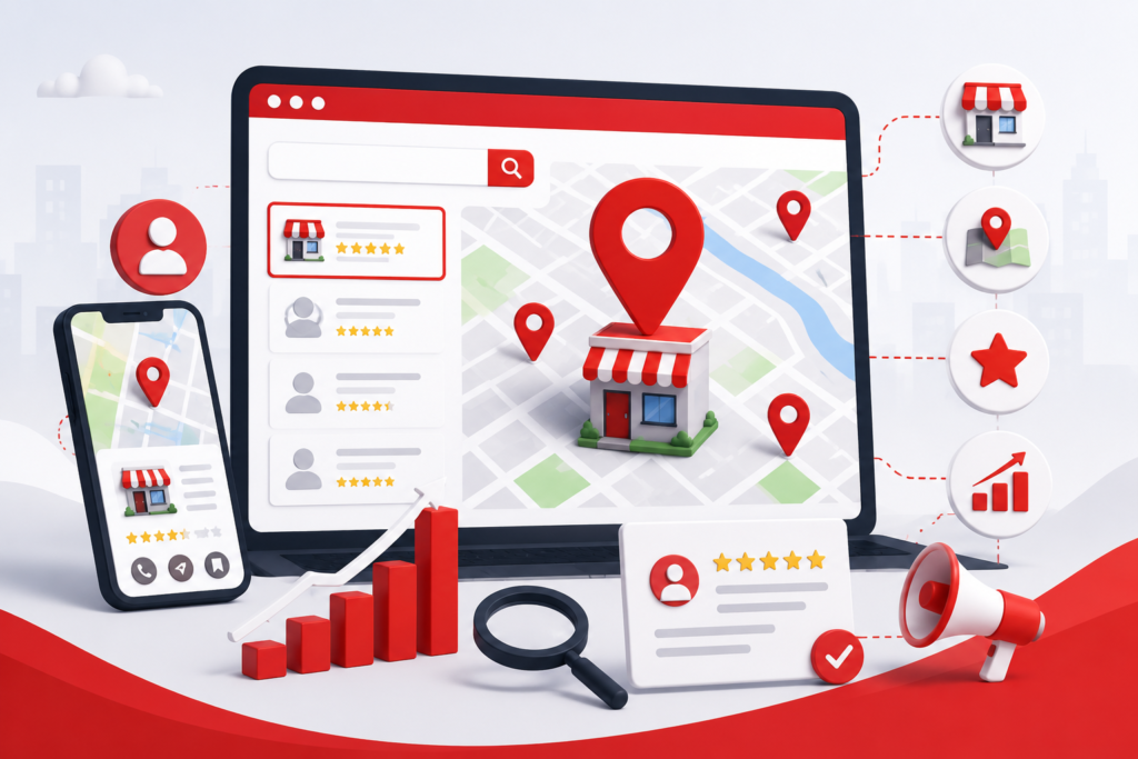Custom Local SEO illustration showing Google Maps, Google Business Profile, local search results, customer reviews, location pins, analytics dashboard, and business growth in a modern red-themed vector design.