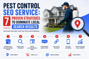Infographic showing seven proven pest control SEO strategies to improve local search rankings, increase Google Business Profile visibility, generate more leads, and grow a pest control business.