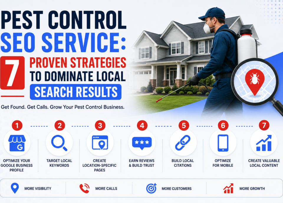 Infographic showing seven proven pest control SEO strategies to improve local search rankings, increase Google Business Profile visibility, generate more leads, and grow a pest control business.