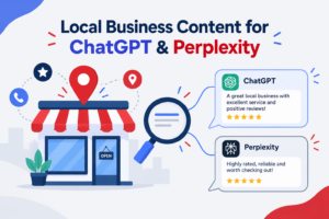 Local business content for ChatGPT and Perplexity featuring a storefront, location pin, magnifying glass, and five-star AI recommendations.