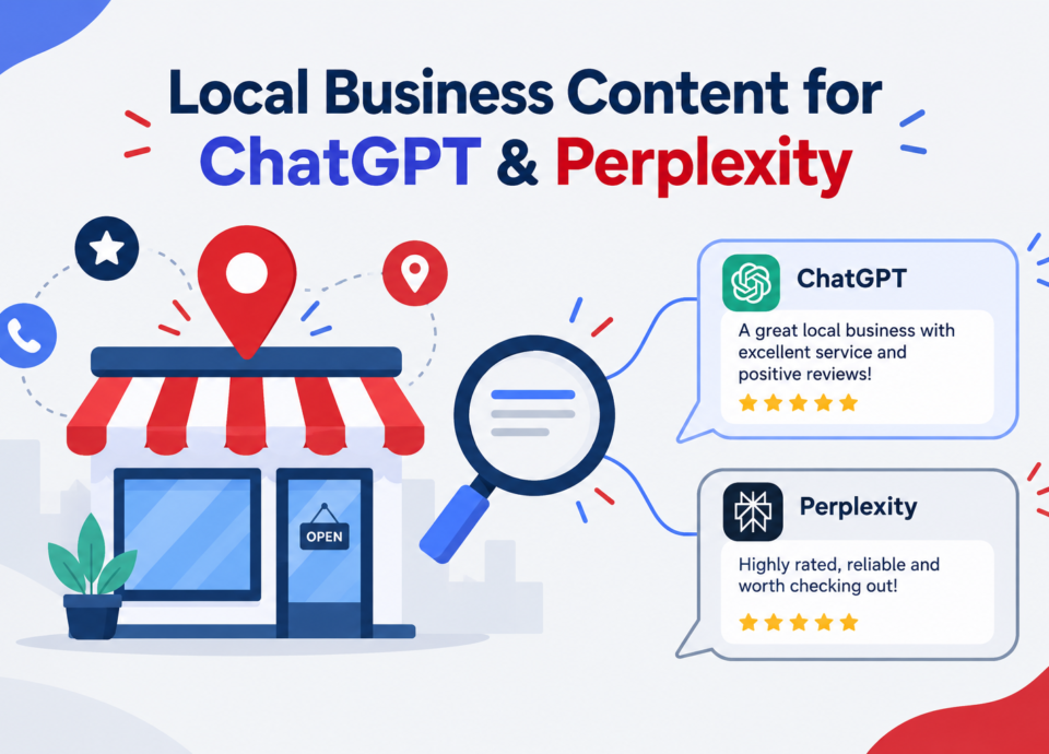 Local business content for ChatGPT and Perplexity featuring a storefront, location pin, magnifying glass, and five-star AI recommendations.
